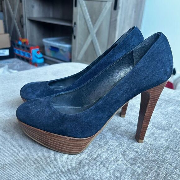 Stuart Weitzman Stilts Platform Pump Blue Suede Stacked Heel Womens Size 5.5 M - Picture 2 of 8